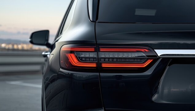 Rear angle of a new black crossover SUV with close-up of headlights and taillights