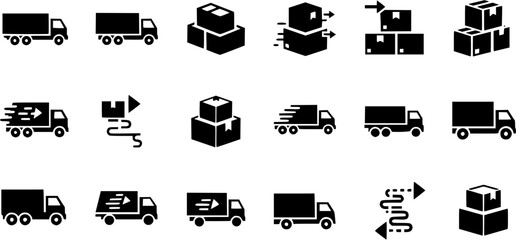 Logistics and Shipping Transportation Vector Set featuring Delivery Trucks and Parcel Boxes