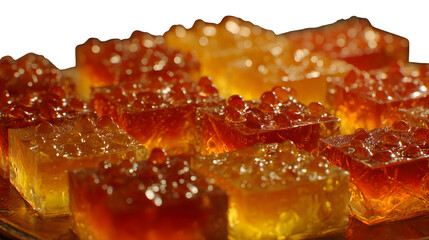 Amber jelly cubes with condensation isolated on transparent background