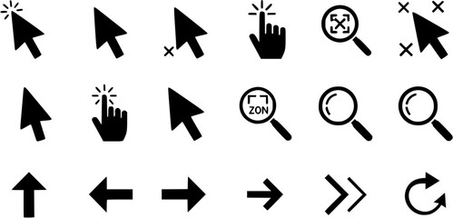 Advanced Cursor Pointers, Magnifying Glass Zoom, and Interactive Click Icon Vector Set