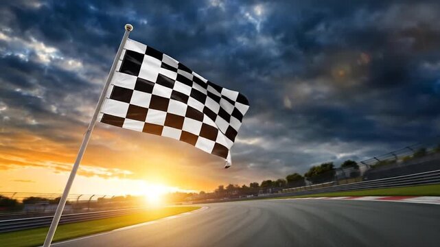 Start your engines A checkered flag signals the beginning of a thrilling race on a scenic track at sunset