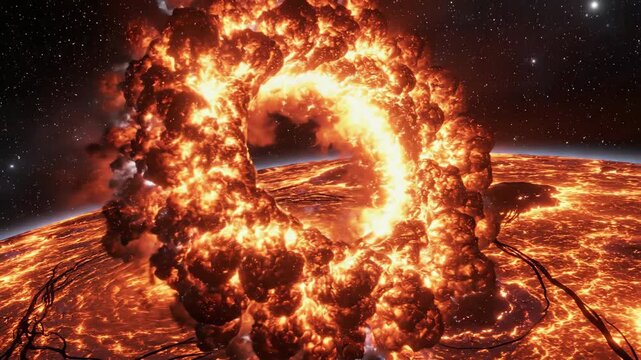 Epic planet explosion in outer space with fiery cosmic debris and starfield