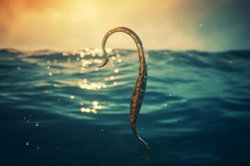 Legendary hook emerging from sparkling sea water at sunset