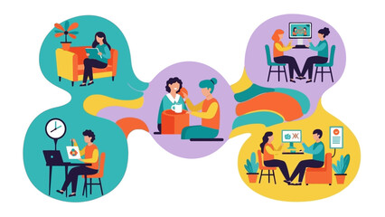 People working remotely and collaborating in various settings.