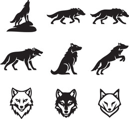 Wolf howling and running silhouettes for wild nature theme