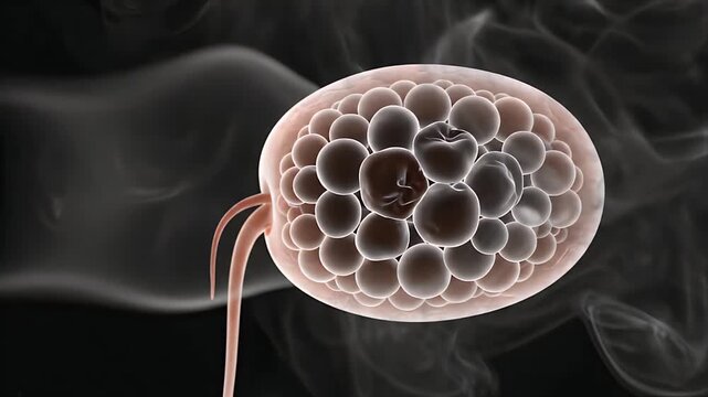 Animated 3D medical visualization depicting smoking's detrimental effect on ovary health and follicle integrity with a