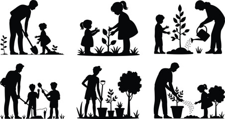 Family gardening silhouettes set, parents and children planting trees and watering plants, eco growth concept, black vector illustration isolated on white background