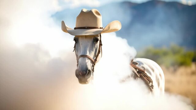 White horse wearing cowboy hat emerges from smoke on dry landscape