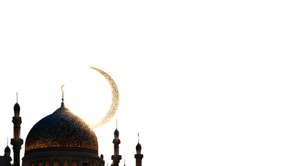 Crescent moon over mosque dome isolated on transparent background