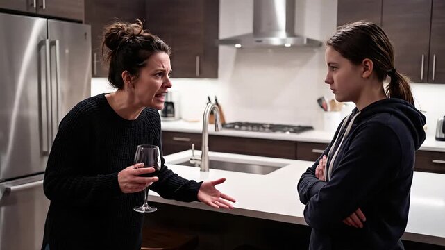 Caucasian woman mother holding wine glass arguing with caucasian girl daughter with crossed arms in kitchen. Destructive parenting and family conflict concept
