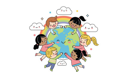 Fototapeta premium Diverse group of happy children from different backgrounds join hands to hug a smiling Earth globe under a bright rainbow.