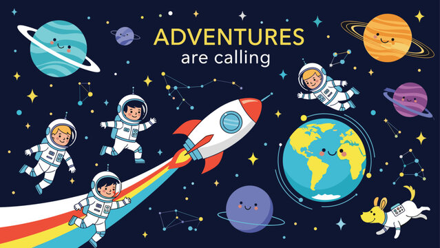 Brave astronaut children explore the vast universe with a rocket ship and a friendly space dog amidst colorful planets and stars.