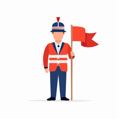 Cartoon soldier with flag, representing military and authority. Standing figure. Flat design.