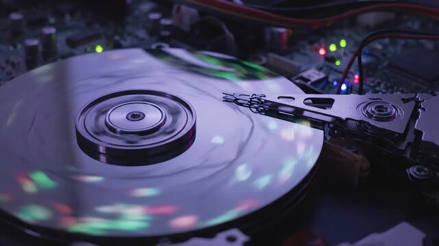 Close up of hard disk drive mechanism spinning with colorful light reflections and read write head. Process of destroying hard drive, leaving tracers. Data storage technology and hardware wear