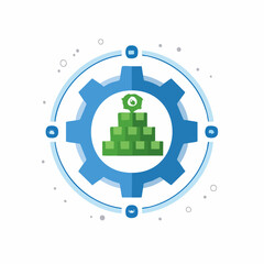 Gear wheel with a green pyramid and a plant, financial growth concept
