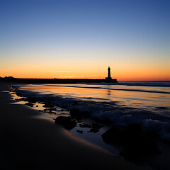 Sunset on the beach with breakwaters and a lighthouse