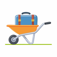 Cartoon orange wheelbarrow with blue luggage carrying travel equipment.