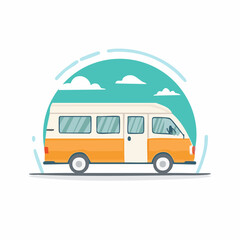 Cartoon orange and white van illustration with blue sky and clouds.