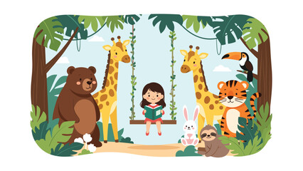 Young girl sits on a swing in a tropical jungle reading a book surrounded by friendly wild animals and nature.