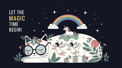 Naklejka premium Magical white cat dreams of unicorns and rainbows while wearing glasses and sleeping under a starry night sky.