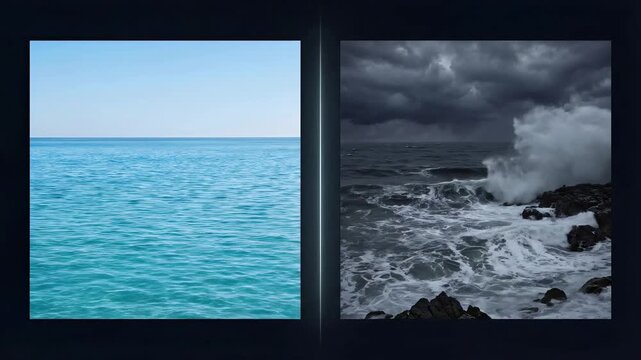 Split screen comparison of calm blue ocean and stormy dark sea with waves crashing on rocks. Nature duality and weather forecast concept