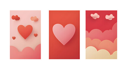 Paper hearts and clouds, romantic triptych isolated on transparent background
