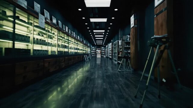 A long, dimly lit corridor lined with display cases filled with various items, possibly a museum or a specialized collection room