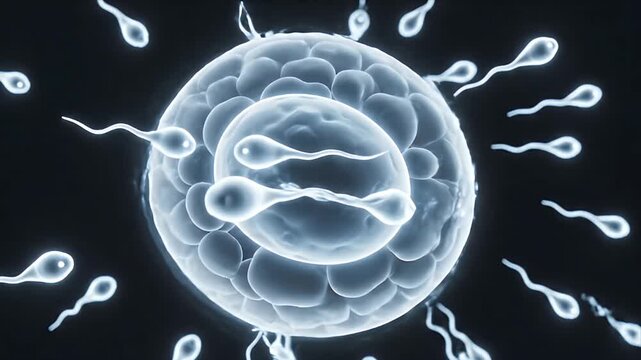 Luminous Human Fertilization Process Animation Depicting Sperm Cells Approaching Egg Cell with Detailed Cellular