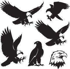 Fototapeta premium Eagle silhouettes flying landing perching head vector