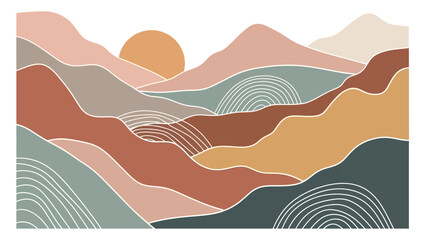 Abstract Boho Hills Landscape with Sun, Minimalist Mid Century Modern Nature Background, Earth Tones Terracotta Mountains Vector Illustration for Wall Decor