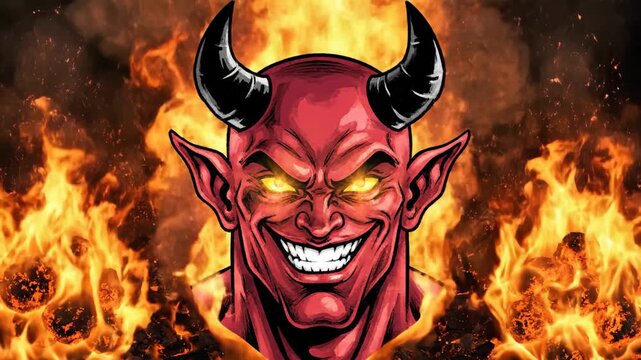Menacing red devil face with glowing yellow eyes and sharp teeth surrounded by intense flames.