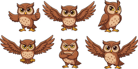 Set of cute cartoon owl characters with various poses including flying, standing, giving thumbs up, and angry isolated on white © Mokbul