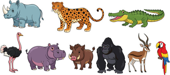 Set of cute cartoon safari animals including rhino leopard crocodile ostrich hippo warthog gorilla gazelle and parrot isolated on white background © Mokbul