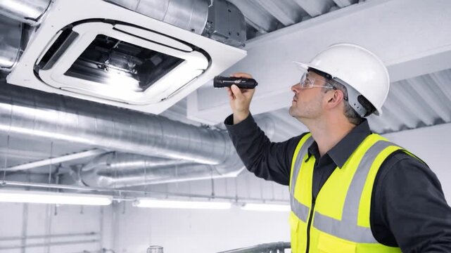 Caucasian male HVAC worker checking ventilation duct. 
