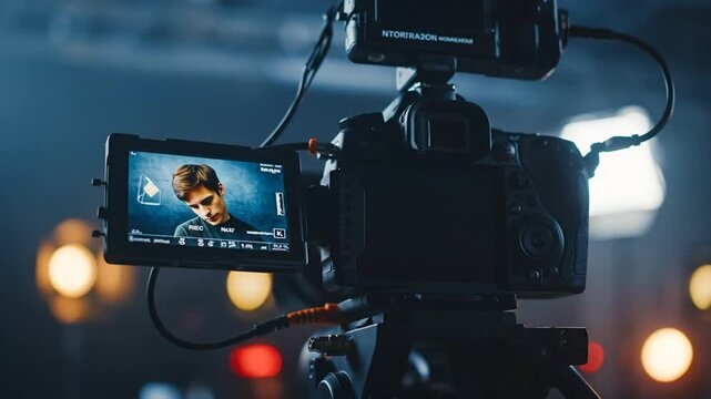 Filming a young man in a studio with professional video camera setup and lighting