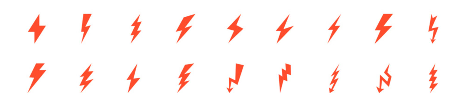 Thunder and bolt comic lighting flash icon set. Electric power thunderbolt, pop volt, dangerous sign, cartoon voltage, charge symbols