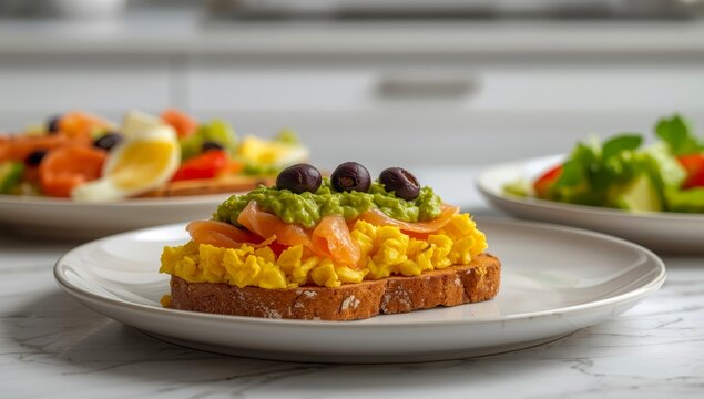 Toast topped with scrambled eggs, smoked salmon, guacamole, olives, and salad