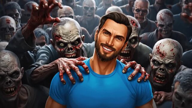 Smiling Man Poses Confidently Surrounded by a Horde of Approaching Zombies