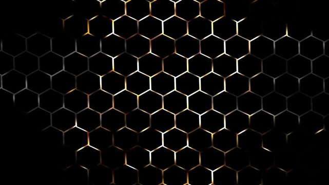 spreading hexagon structure, golden glowing honeycomb pattern isolated on black background, motion design element overlay template, geometric shape



