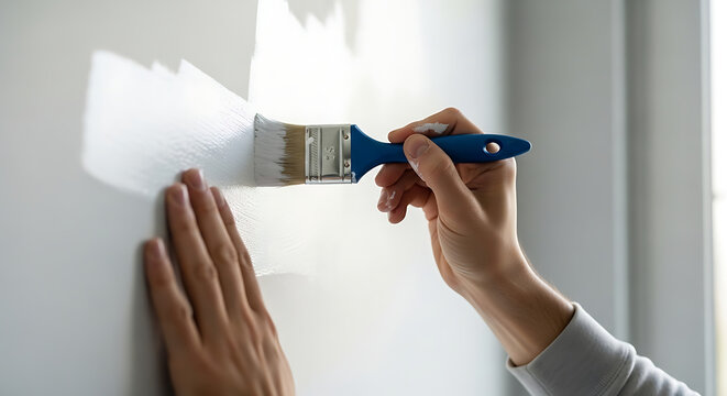 Close-up of a person painting a wall white with a brush, home improvement and renovation