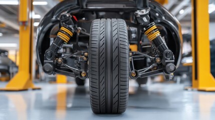 Fototapeta premium Detailed Close-Up of a Lower Suspension System with Tire in an Automotive Workshop Setting