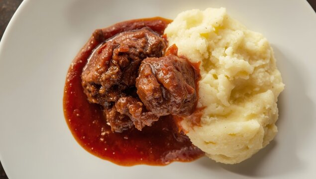 Top view of a plate featuring veal liver stew in red wine sauce with mashed potatoes