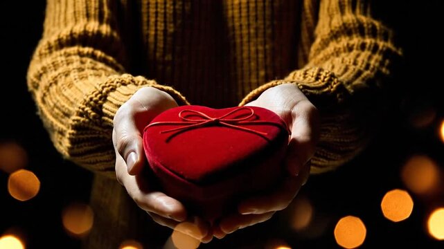 Hands hold a heart-shaped gift box, a symbol of love and affection, perfect for Valentine's Day or romantic occasions