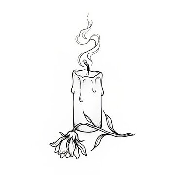 Hand drawn fine line melted candle with dead flower tattoo sketch isolated on white background. Vanitas illustration.