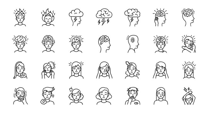 Stress and anxiety line icon collection. Includes headache, depression, burnout, mental health, brain, and emotional distress symbols. Created in outline style with black and white palette.
