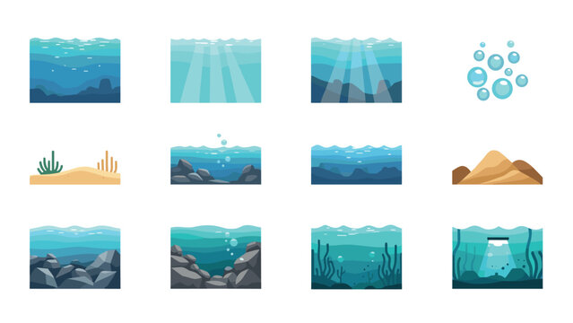 Underwater scenes set with ocean waves and marine elements