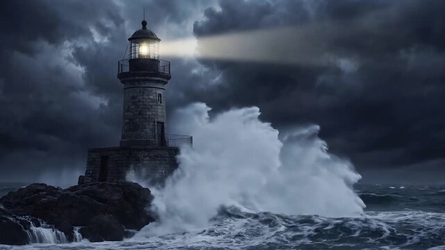 Stone lighthouse beacon shining through dark storm clouds over crashing ocean waves. Psychological resilience and mental stability