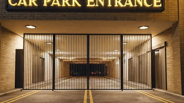 Entrance to a Car Park with Steel Gates at Night