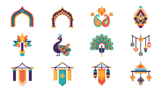 Colorful indian festival designs with paisley and peacock elements