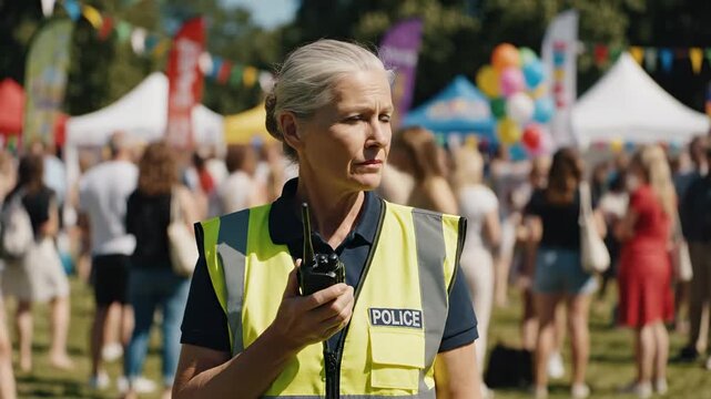 Security Guard Communicating at Outdoor Event.